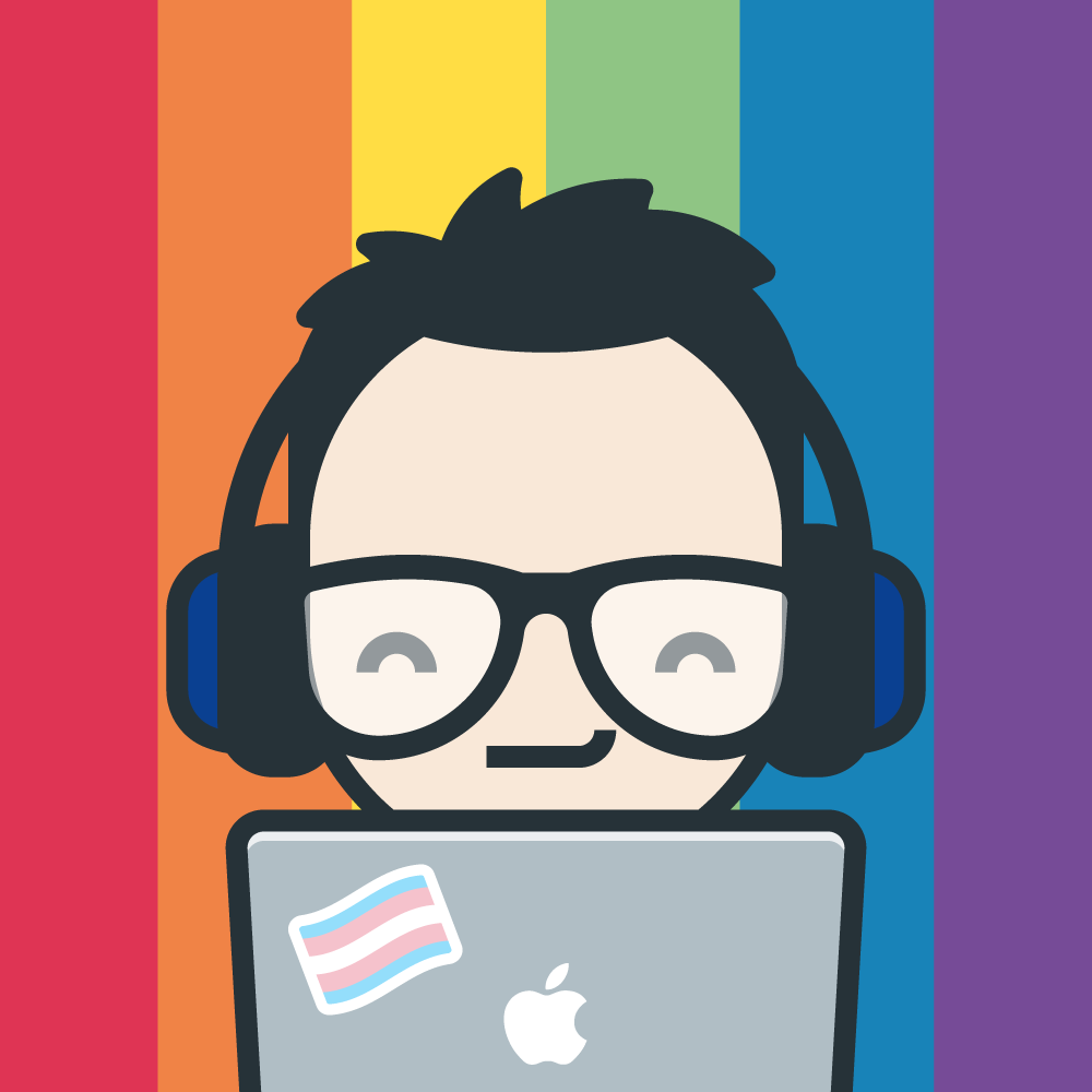 Illustration of Jay behind a macbook pro with a trans flag